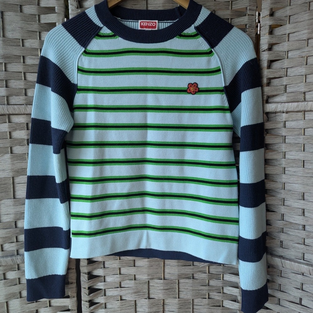 Kenzo‎ Paris Blue Green Striped Wool Blend Logo Patch Sweater Womens XS Preppy
